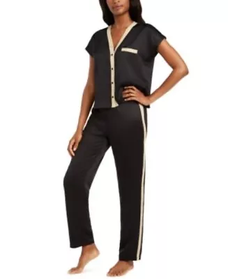 I.n.c. Metallic-Trim Matte Satin Short Sleeve Elastic Waistband PJ Set Blk XL • $18.99