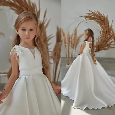 White Flower Girl Dress For Weddings Flowers Beaded Satin A-line Long Dresses  • $46.20