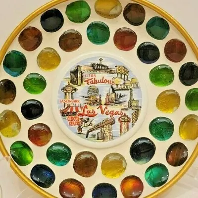 Vintage MCM Las Vegas Souvenir Dish W/ Multicolored Mosaic Border On Gold Metal • $32