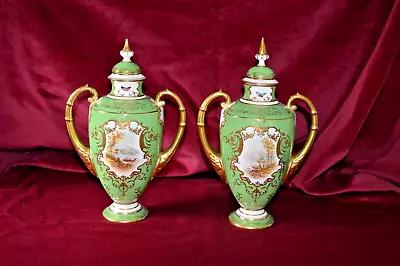 Antique Coalport Twin Handled Pedestal Lidded Urn Hand Painted Vases Pair Of • £150