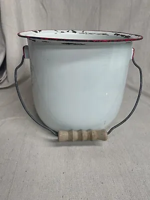 VTG Enamelware White Red Enamel Pot Wood Handle Red Trim • $14.97
