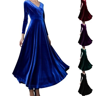 $28.25 • Buy Women Long Sleeved V Neck Gold Velvet Dress Party Dress Women Elegant