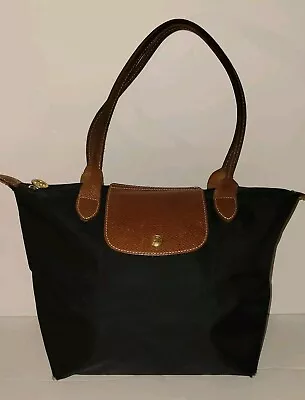 LONGCHAMP Black Nylon Brown Leather Trim Small Tote Shoulder Bag • $39.99