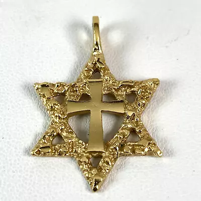 Vintage ROMAN Signed 6 Point Star Of David Cross Gold Tone Jewish Symbol Pendant • $19.99