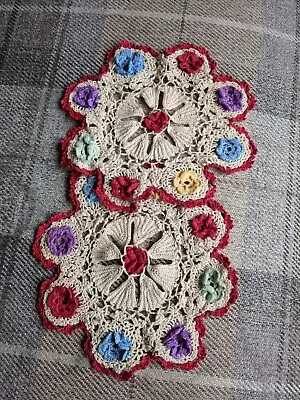 Pair Of Vintage Multicoloured Cotton Crochet Doilies • £1.50