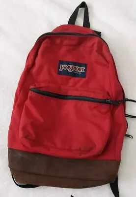 Vintage 90's Jansport Leather Bottom Cardinal Red Backpack Made In USA  • $29