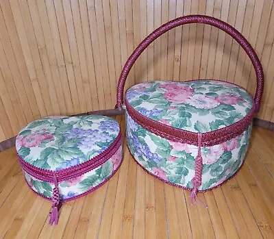 Vintage Wicker Nesting Baskets Sewing Notions Set Of 2 Heart Floral Burgundy • $49.87