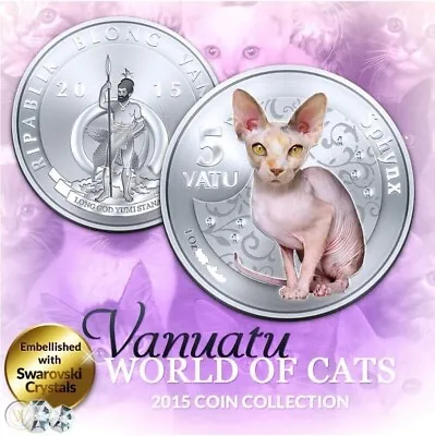 Vanuatu 5 Vatu 2015 UNC Sphynx Cat Silver Plated Colorized Coin • $6.90