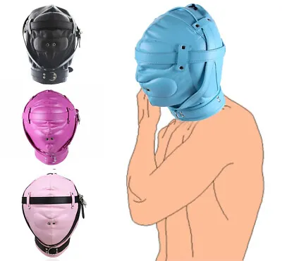 PU Leather Full Hood Mask Breathing Hole Sensory Deprivation Headgear Bondage • $39.53