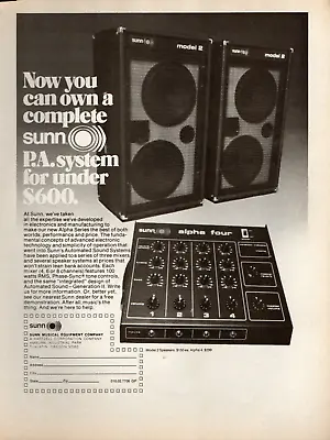 Vtg 1970s SUNN ALPHA 4 PA SYSTEM MAGAZINE PRINT AD Mixer Model 2 Speaker Pinup • $9.99