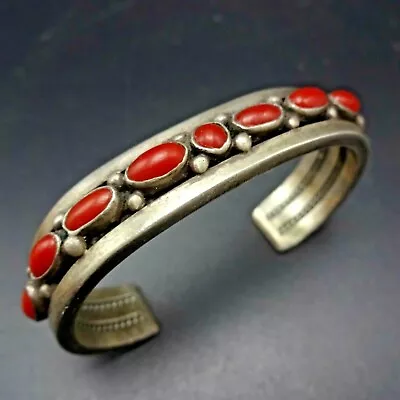 Vintage Heavy Ingot Sterling Silver RED MEDITERRANEAN CORAL Cuff BRACELET • $559.40