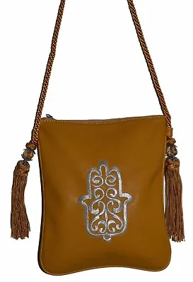 Moroccan Handbag Faux Leather Shoulder Bag Purse Embroidered Hamsa  Med Mustard • $9.99