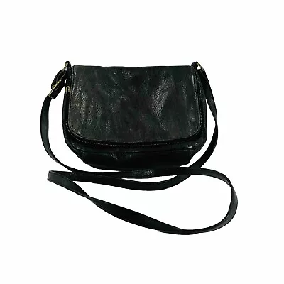 Margot Black Leather Fold Over Zip Top Crossbody Purse Bag • $31.99