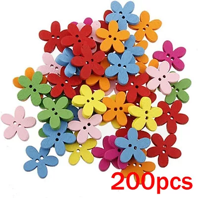 200Pcs Wooden Flower Buttons -Colorful Flowers Flatback Sewing Button 2 Holes • $9.69