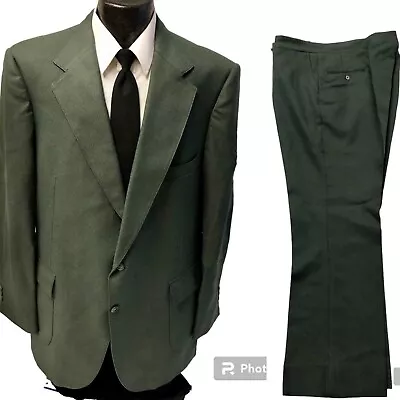 2 Pc Vtg 70's Botany 500 Green MoD Textured MASTERS Golf DISCO Trousers Suit 46 • $249.99