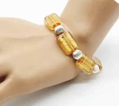 Vintage Stretch Bracelet Gold Tone Chip Flake Rectangle Silver Tone Bead Beaded  • $6.99