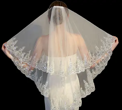 Bridal Veil Sequins Luxury Veil Appliques Lace Edge Long Wedding Veils With Comb • $11.97
