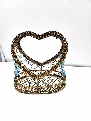 Metal Mesh Basket Twisted Wire Heart Shaped With Handle Blue Bead Accents 5x5 • $9