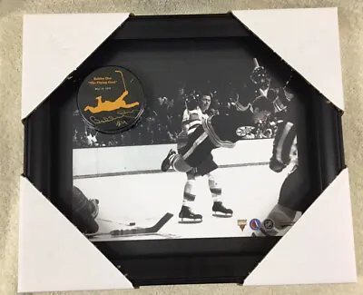 Framed Photo Of Bobby Orr “The Flying Goal” & SIGNED PUCK Great North Road COA • $250