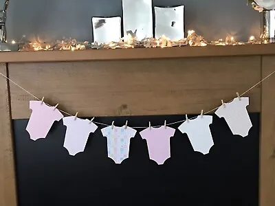 Baby Shower Bunting Baby Vests On Washing Line With Mini Wooden Pegs Pink Style • £8
