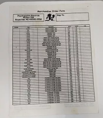 $5.99 • Buy Vintage Psychopathic Records Merchandise Order Form 8.5x11 Insane Clown Posse