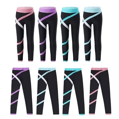 Kids Girls Athletic High Waist Pants Leggings Figure Ice Skating Tights Trousers • £4.99