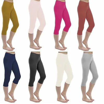 Ladies Plain 3/4 Length  Leggings Women Soft Comfortable Cropped Capri 8-22 • £7.95