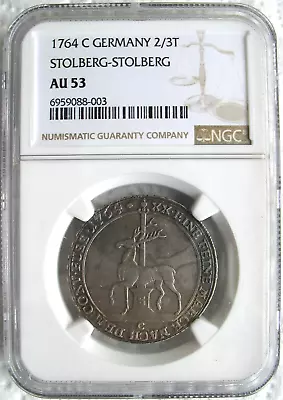 1764-C German Stolberg Silver 2/3 Thaler NGC AU-53 • $162.50