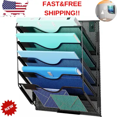 Wall File Organizer Wall Mount 5 Tier Document Paper Holder Rack Mesh Tray Offic • $31.55