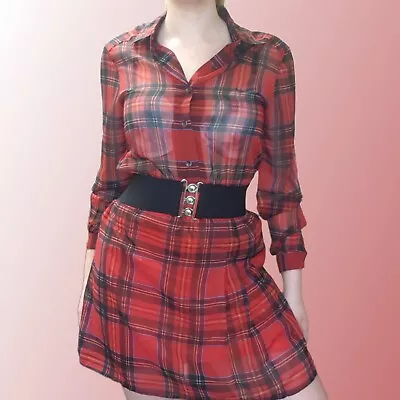 Motel Rocks Red Tartan Shirt Skater Dress Small Chiffon Plaid Punk Alternative • £6.50