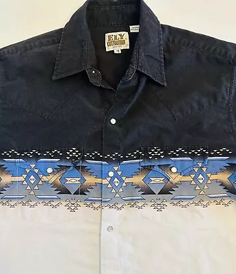 Ely Cattleman Mens Western Pearl Snap Shirt Size Med Aztec Accents White Black • $27.95