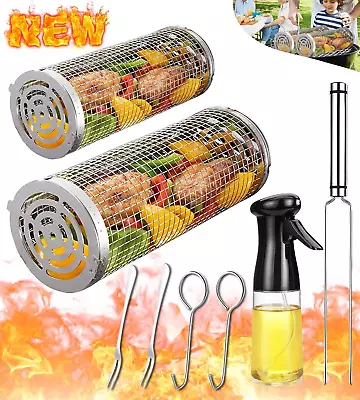 Rolling Grilling Basket Veggies Grill Accessories Bbq Net Tube Tools Set Barbecu • $60.18