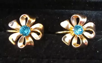 VINTAGE Van Dell 1/20 12k Gold Fill Screw Back Earrings Aqua Rhinestone Flowers • $20