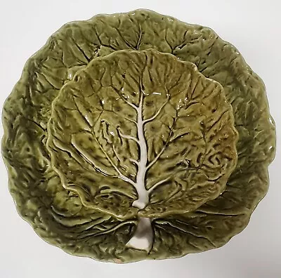 Bordalla Pinheiro Pair Bowls Majolica Cabbage Leaf Portugal 10.25  & 7.25  Green • $53