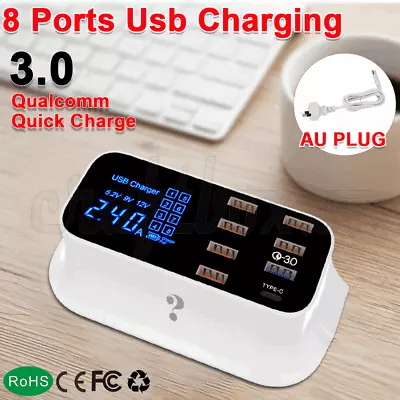$30.95 • Buy 8 Ports Multi USB Charging Station QC 3.0 Type-C Desktop Phone Charger Dock Hub
