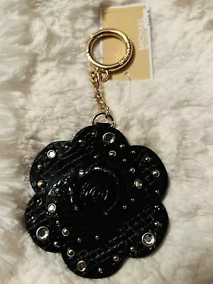 Michael Kors Black Leather Embossed Rose Charm Gold Tone Hardware Key Fob New • $31.20