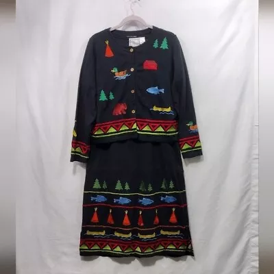 Vintage Michael Simon Lite Embroidered Dress Jacket Set Womens M Black Multi 90s • $68.88