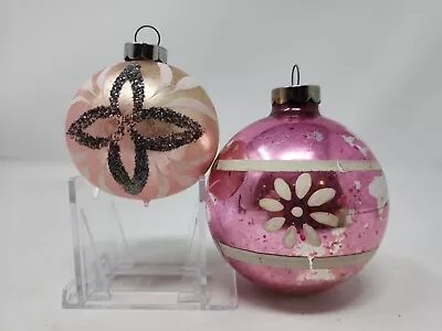 Set Of 2 Vtg Christmas Mercury Glass Shiny Brite Pink Painted & Mica Ornaments • $19.99