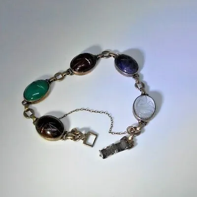 Vintage Scarab Bracelet Gemstones 14k GF Sterling Silver 7  Symmetalic WoW! • $275