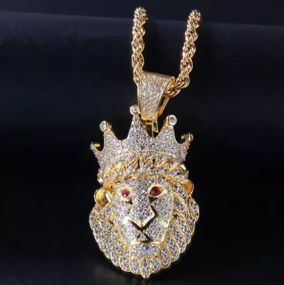 Men’s Hip Hop Fashion Jewelry Gold Iced King Lion Pendant Necklace Chain 1-95 • $11.66