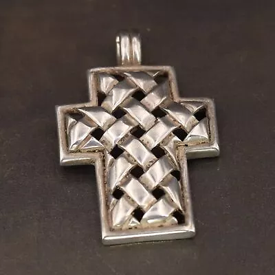 VTG Sterling Silver - MEXICO Basketweave Woven Cross Necklace Pendant - 11g • $21.50