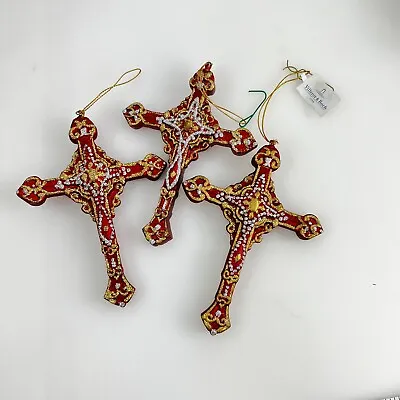 3 VILLEROY And BOCH Christmas Ornaments Red Gold Cross • $31.50