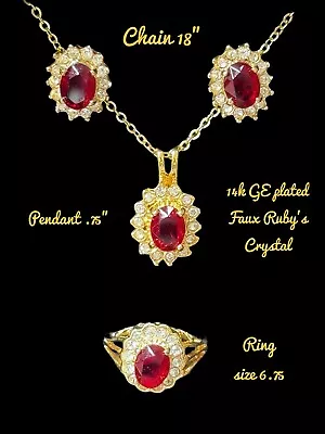 4 Piece 14k GE LIND Faux Ruby’s & Crystals-18” Chain Ring Earrings & Pendant • $50