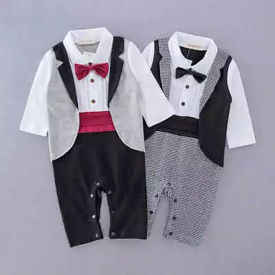 Baby Romper Boy Tuxedo Outfits SetToddler Gentlemen  Formal Wear Jumpsuit • £18.69