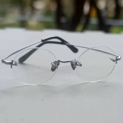 Vintage Round Titanium Glasses Frame Retro Men Rimless Silver Oval Eyeglasses • $50.34