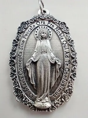 Catholic Silver Tone XL Miraculous Medal Rose Border Latin 1 3/4   Italy • $8.99