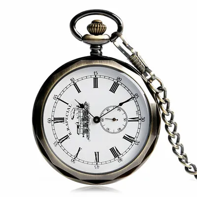Mens Vintage Mechanical Pocket Watch Chain Open Face Roman Numerals Dial Watches • $18.59