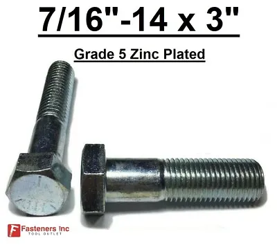 7/16-14 X 3  (PT) Hex Bolt Zinc Plated Grade 5 Cap Screw Coarse Thread • $8.84