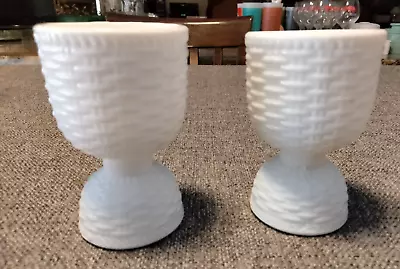 2 Vintage Atterbury Milk Glass Double Egg Cups Basket Weave Pattern • $24