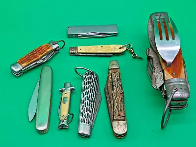 8 Vintage Boy Scout Camping Pocket Knife Lot Tool Set 10 Utensil Tools Antler ? • $28